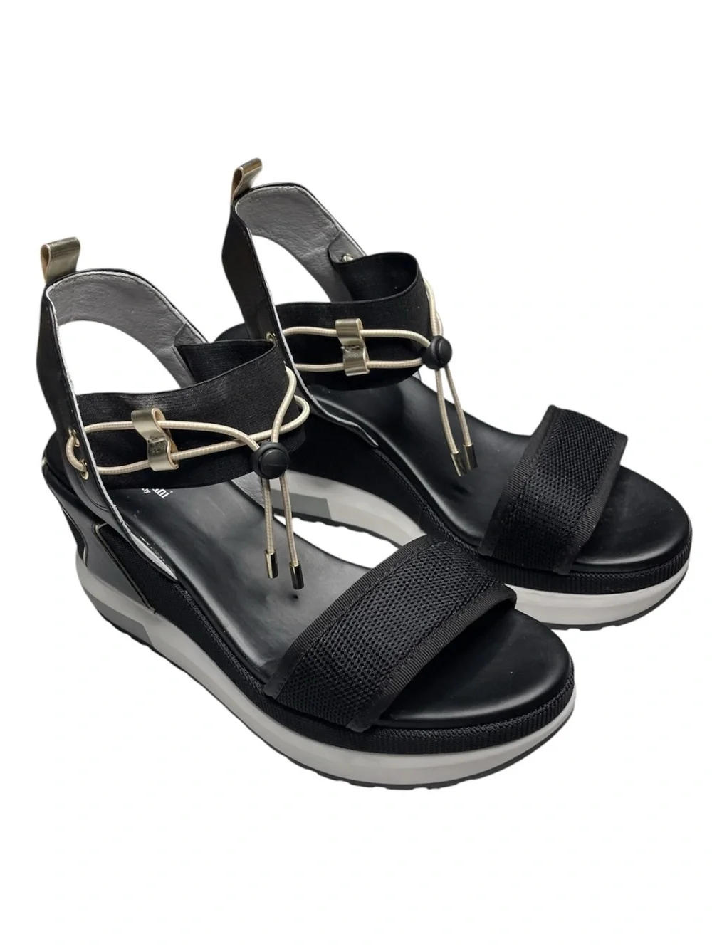 NecroGiardini Black Wedge Sandals with Elastic Ankle Strap and Metallic Accents